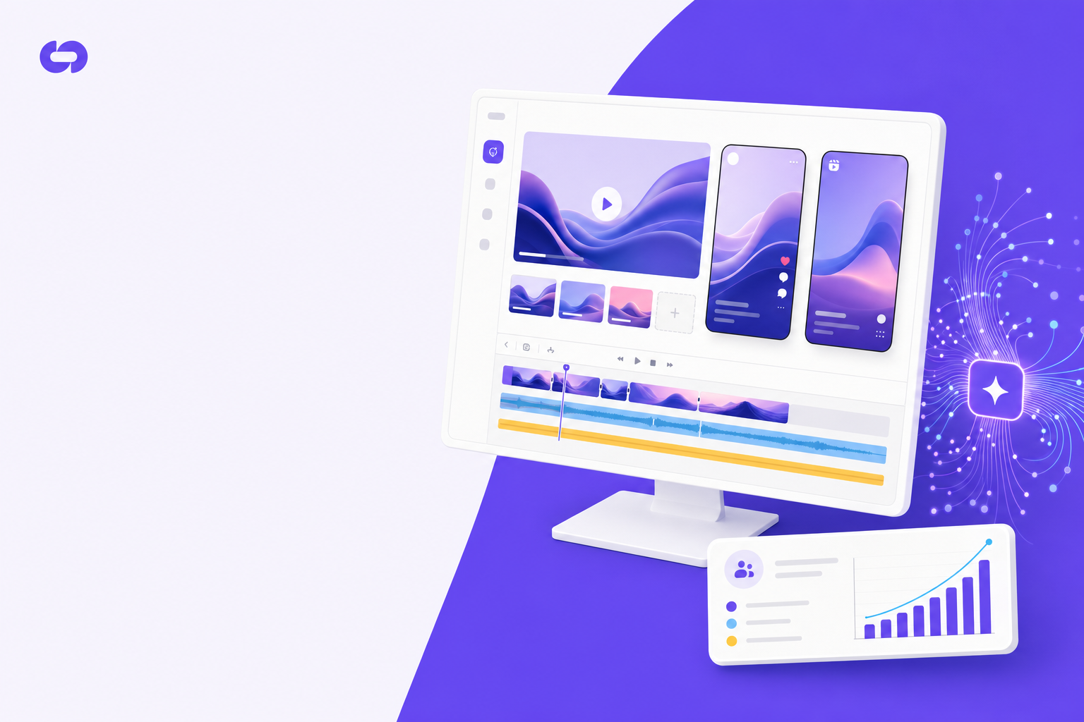 A modern digital workspace showing AI-powered video content creation, featuring a computer screen displaying video editing interface with multiple social media format previews (vertical phone screens for TikTok and Instagram Reels, horizontal YouTube layout), colorful timeline with cut marks, thumbnail previews, and abstract representation of AI automation with flowing neural network patterns in the background, professional studio lighting, vibrant purple and blue gradient color scheme, isometric perspective, clean minimalist design