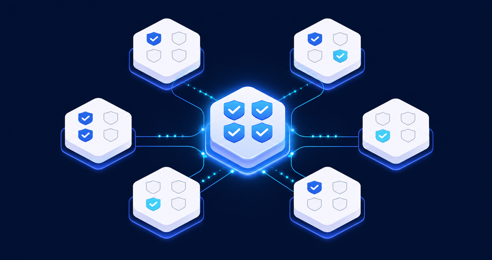 A clean isometric diagram showing six software tool icons arranged in a honeycomb grid, with one central glowing node connected to all others by data flow lines. The central node displays checkmarks on four shield-shaped badges representing server-side attribution, in-product embedding, cross-border payouts, and mobile SDKs. The surrounding nodes show partial checkmarks or empty badges, visually conveying a feature comparison. Deep navy background with teal and electric blue accent colors, minimal geometric style, no text or labels anywhere.