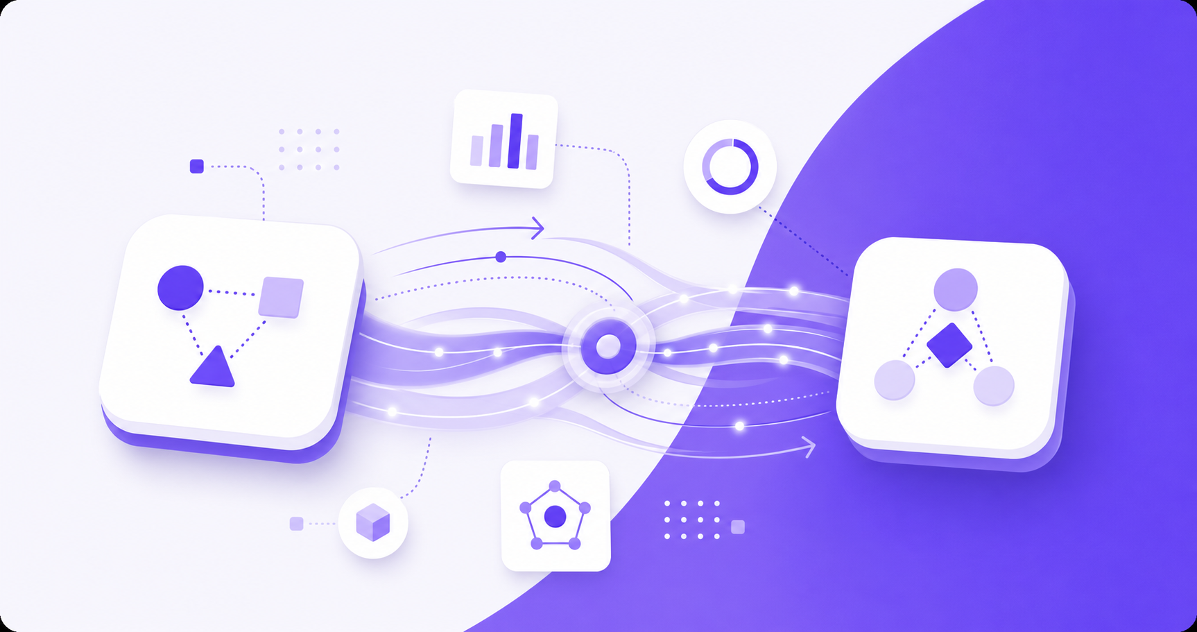 A clean, modern flat illustration of a B2B SaaS partnership network. Two abstract business/product nodes connected by flowing arrows and glowing lines, with minimal geometric icons representing data exchange, an API connection, and shared growth. Anchored entirely in Blue Violet #704EF1 with lighter violet tints, lavender, and neutral grays on a white background. Absolutely no green anywhere. Abstract gradient composition in the violet family, minimal geometric style, professional operator-grade aesthetic, no people, no money imagery, no text, no letters.