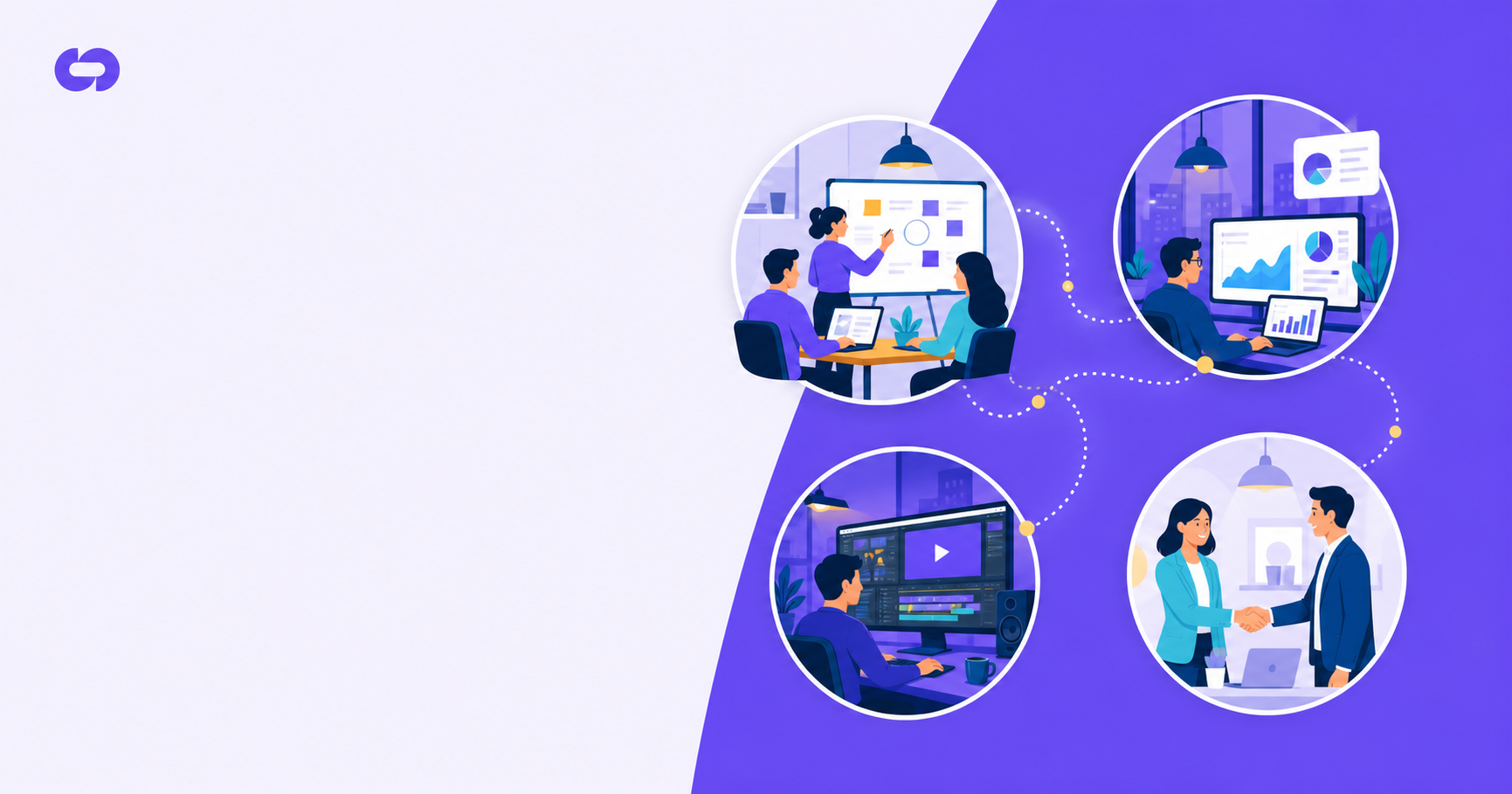 A clean modern flat illustration showing four distinct industry verticals represented as interconnected circular vignettes — a collaborative workspace with people around a digital whiteboard, a fintech office with financial graphs, a video editing studio with screens, and an HR office with people shaking hands. Each scene connected by subtle dotted referral paths flowing between them, symbolizing peer recommendations spreading across different professional sectors. Deep blue and teal color palette with warm accent highlights. Minimal B2B SaaS blog aesthetic, no text or labels.