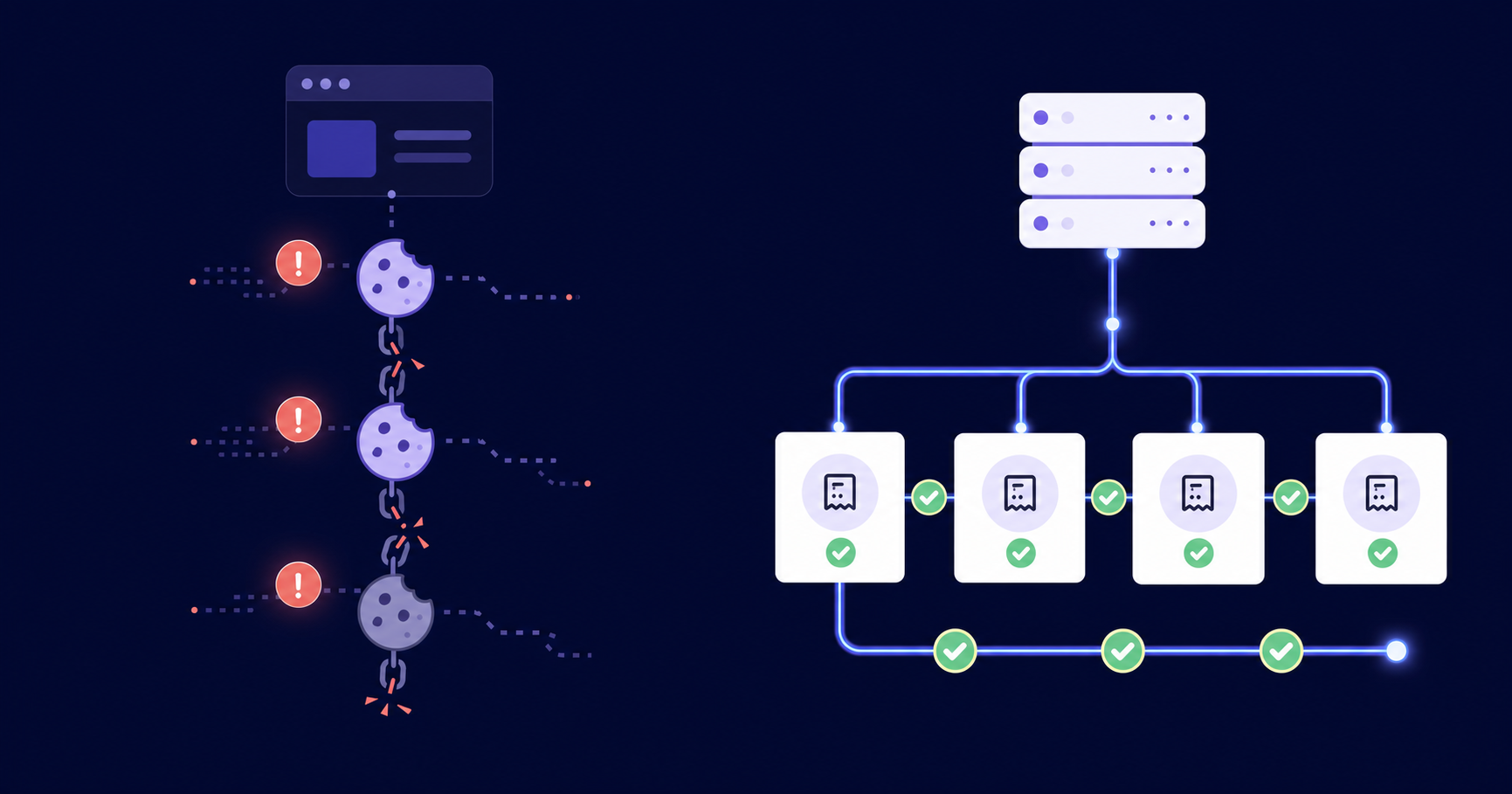 A clean flat illustration showing two parallel data flow diagrams side by side on a dark navy background. Left side shows a fragmented browser cookie chain with broken links and red warning indicators representing blocked tracking. Right side shows a solid secure server-to-server connection pipeline with green checkmarks flowing through billing event nodes. Abstract geometric shapes, glowing blue and purple circuit-like lines, minimalist B2B SaaS aesthetic, no text no labels no words anywhere.