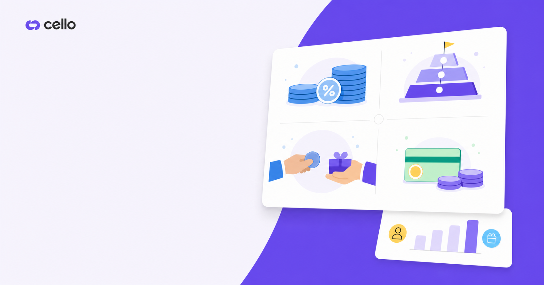 A clean, modern diagram showing different types of referral reward structures for B2B SaaS: stacks of coins representing percentage-based cash rewards, a tiered pyramid structure showing multiple levels, two hands exchanging value representing two-sided rewards, and account credits or gift cards. Use a professional color palette with blues, greens, and purples. Minimalist style with abstract geometric shapes and icons. No text, words, or letters.