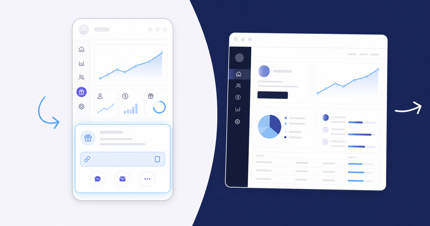 A split-screen diagram showing two contrasting mobile app interfaces side by side. On the left, a clean SaaS dashboard with an integrated referral sharing panel embedded directly inside the app interface, glowing with a soft blue highlight. On the right, a browser window opening outside the app showing an external affiliate portal page. An arrow on the left side points inward toward the app, while an arrow on the right side points outward away from the app. Modern flat design, minimal UI elements, dark navy and white color palette with blue accents, no text or labels anywhere.