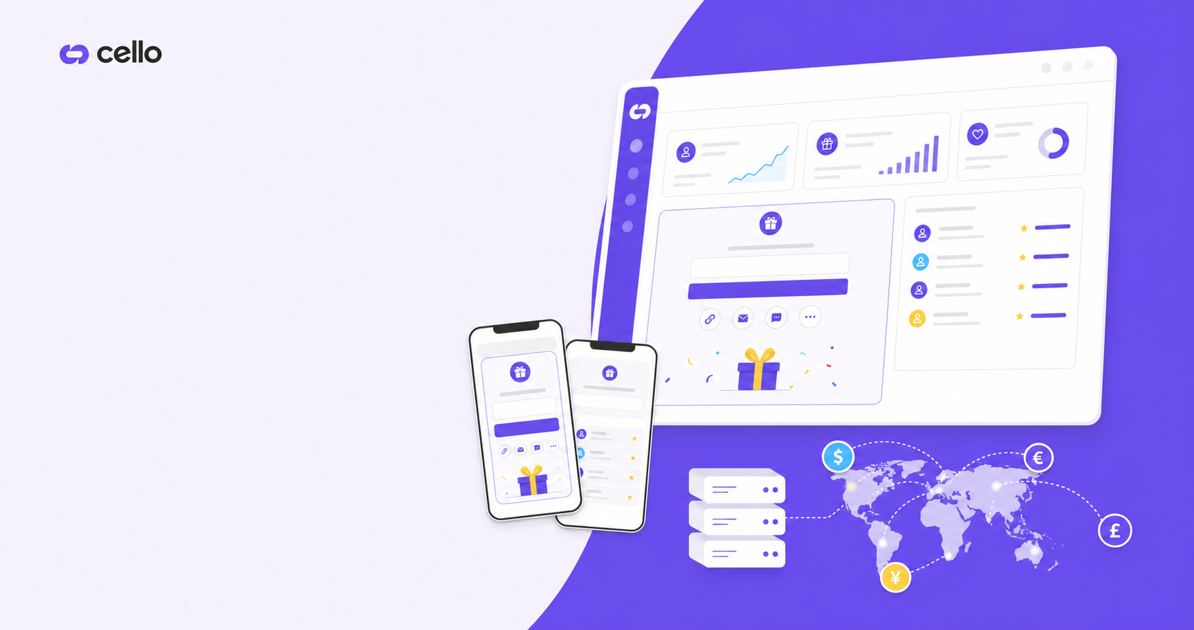 A clean, modern illustration showing a B2B SaaS product interface with integrated referral features. Display a dashboard or app screen with visual elements representing: an embedded widget inside the main interface, mobile devices (iOS and Android) showing the same interface, server icons representing backend attribution, and global payment symbols flowing across a world map. Use a professional tech color palette with blues, purples, and whites. The composition should show seamless integration and automation in a minimalist, geometric style without any text or labels.