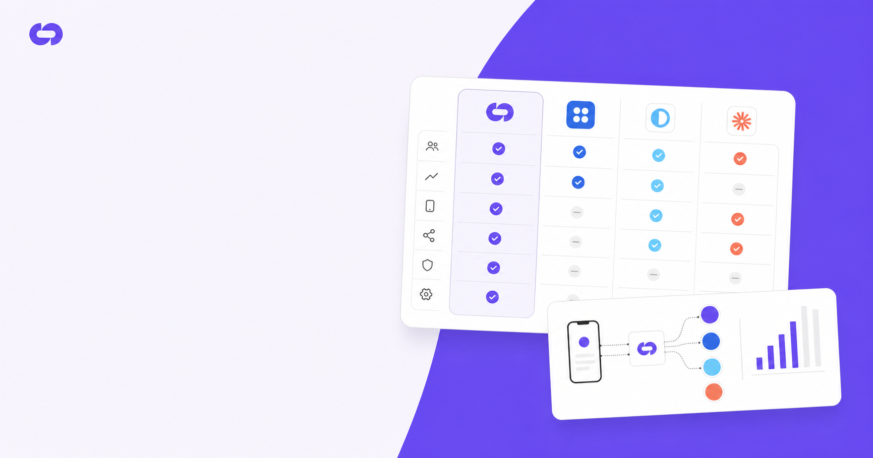 A clean, modern illustration showing a comparison of SaaS software platforms on a digital dashboard. Display multiple interface windows or cards arranged side by side, each representing different software tools with abstract UI elements like checkmarks, graphs, mobile device icons, and connection nodes. Use a professional B2B tech color palette with blues, purples, and whites. The scene should convey software evaluation and feature comparison in a minimalist, geometric style without any text or labels.