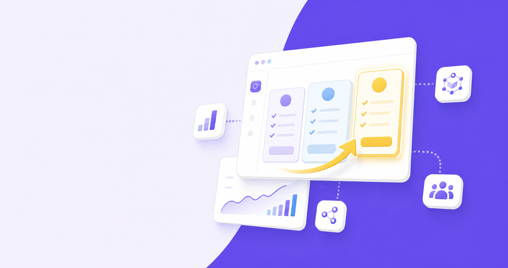A clean, modern isometric illustration showing a software dashboard with tiered plan cards — a basic tier, a mid tier, and a premium tier with a glowing highlight — and a stylized upward arrow moving from one tier to the next, surrounded by abstract icons representing analytics, API connections, and extra seats, all on a soft gradient background in blues and purples, no text or labels anywhere