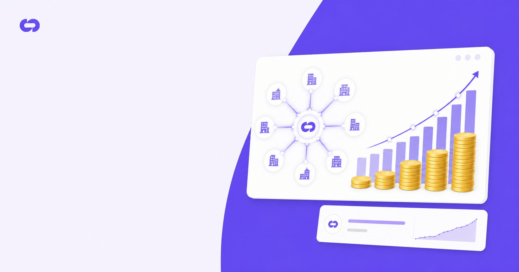 A clean flat-style illustration showing a B2B referral commission growth concept: a rising bar chart with interconnected nodes representing referred companies, each node connected by glowing lines to a central hub, with stacked coins growing over time on the right side, conveying uncapped recurring earnings compounding indefinitely, on a soft light background with no time cutoff symbol