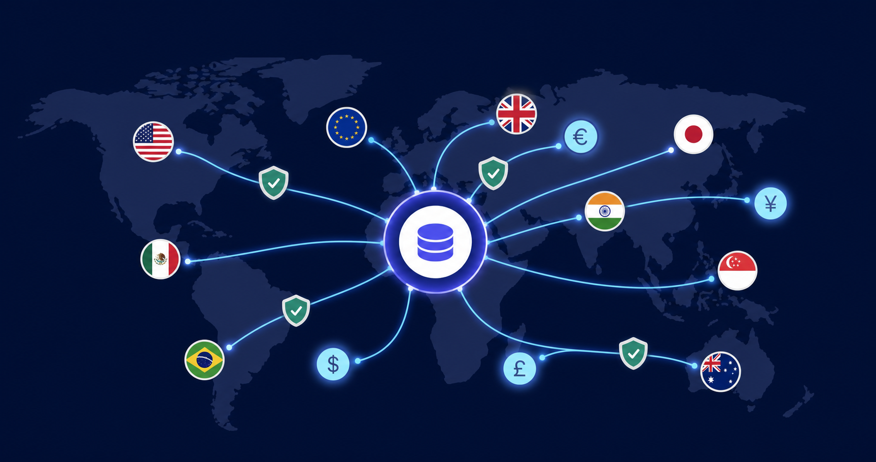A clean flat-design illustration of a global payout compliance dashboard. A central hub icon connected by glowing lines to country flag icons and currency symbols spread across a world map silhouette. Shield icons representing compliance checks float near the connections. Dark navy background with blue and green accents, modern minimal style, no text or labels anywhere.