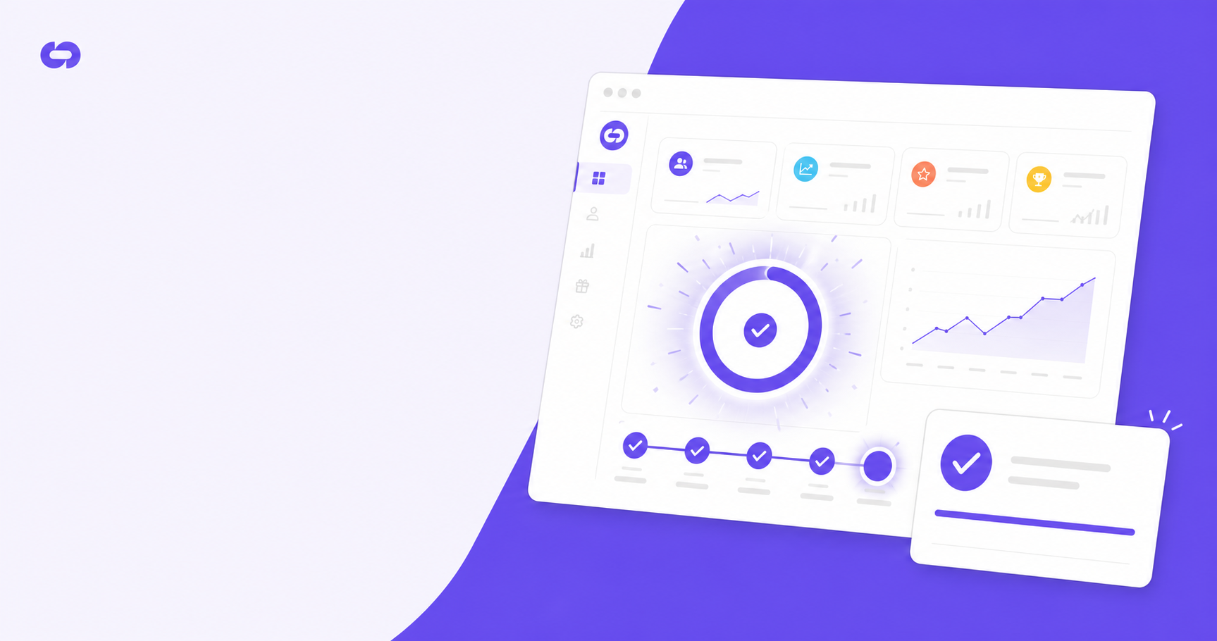 A clean, modern digital dashboard interface showing a milestone achievement notification on a SaaS product screen. A glowing progress indicator reaches 100% completion, with a subtle celebratory visual effect radiating outward. The interface shows abstract data cards, charts, and workflow stages in a professional blue and white color scheme. A floating card appears in the foreground highlighting a completed project milestone with a checkmark icon. The scene conveys the moment a user reaches their first meaningful product outcome, rendered in a flat illustration style with soft gradients and minimal shadows.