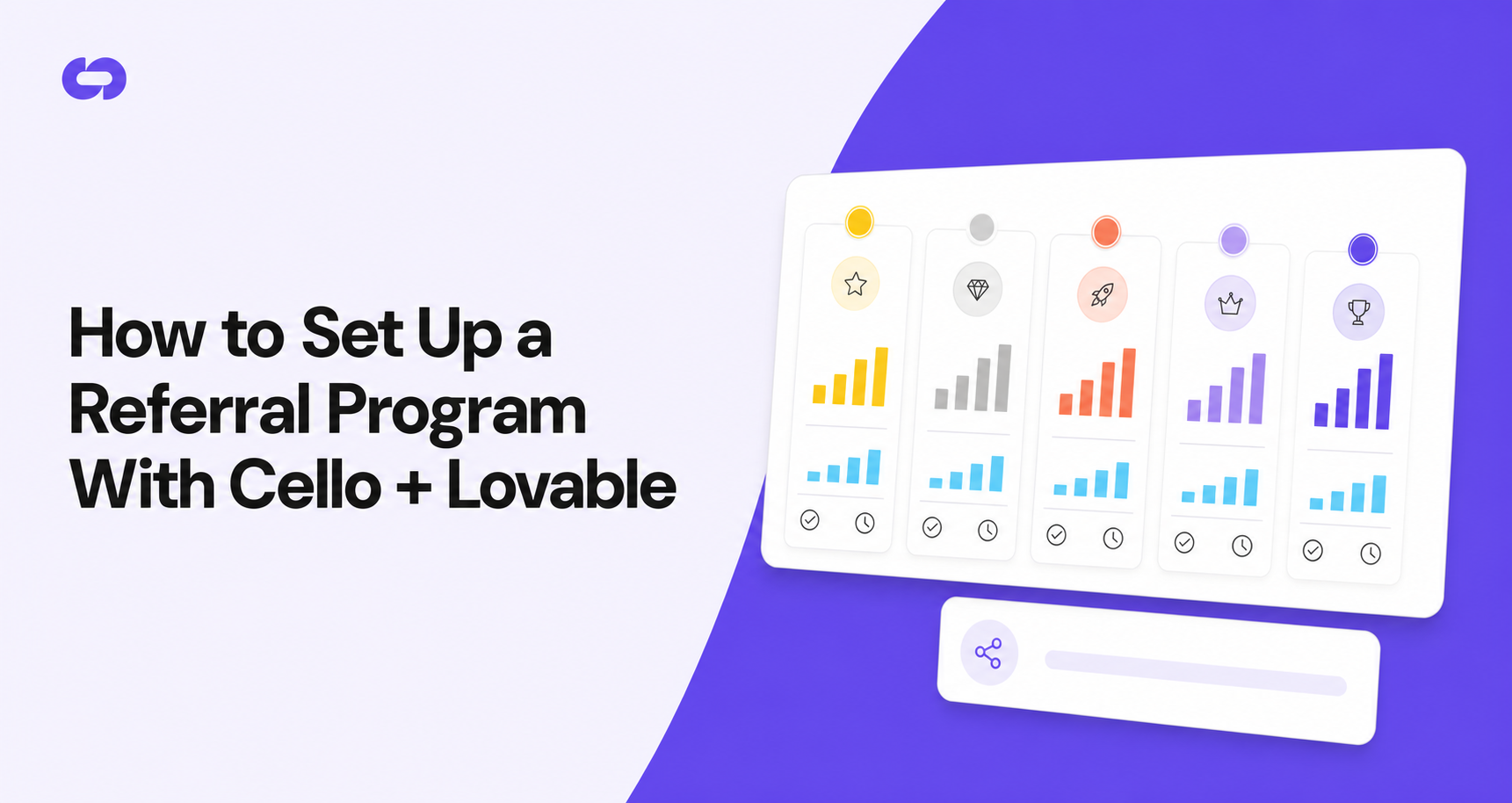 A flat-style illustration of five abstract program cards arranged in a ranked lineup on a clean light background, each card displaying colored bars of different heights representing commission rates and duration, with small icons for checkmarks and clocks, conveying a side-by-side comparison of affiliate reward structures, no text or letters