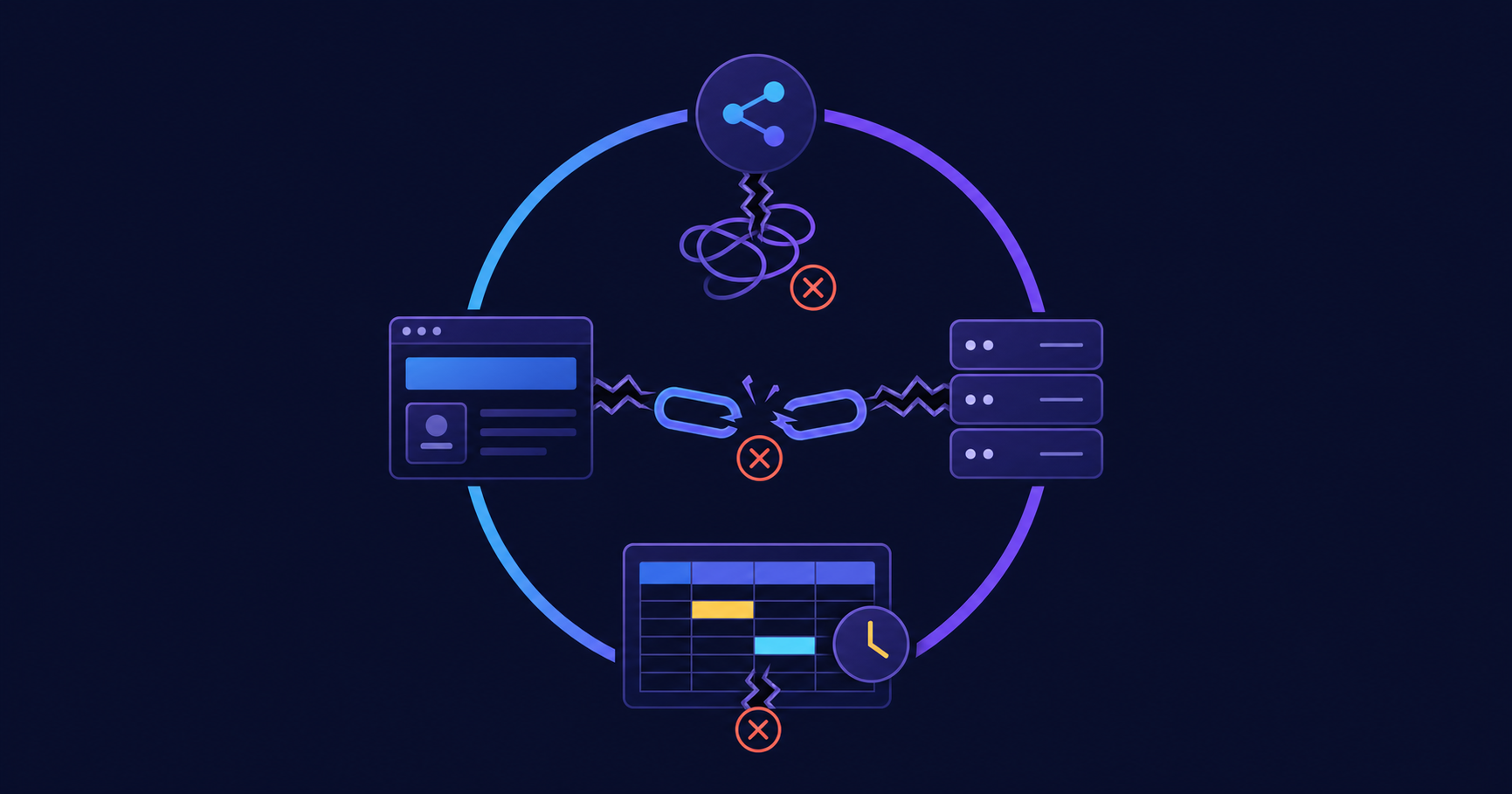 A clean flat-design diagram showing three distinct breakdown points in a circular referral loop, illustrated as cracks or interruptions breaking the loop at three specific spots: one representing friction at a sharing moment shown as a tangled or blocked path, one showing a broken tracking chain between a browser and a server with a gap or disconnection, and one showing a manual spreadsheet process causing a delay. Dark background, blue and purple gradient palette, minimal icons, no text or labels anywhere, modern geometric style with subtle warning indicators like red X marks or broken chain links at each failure point