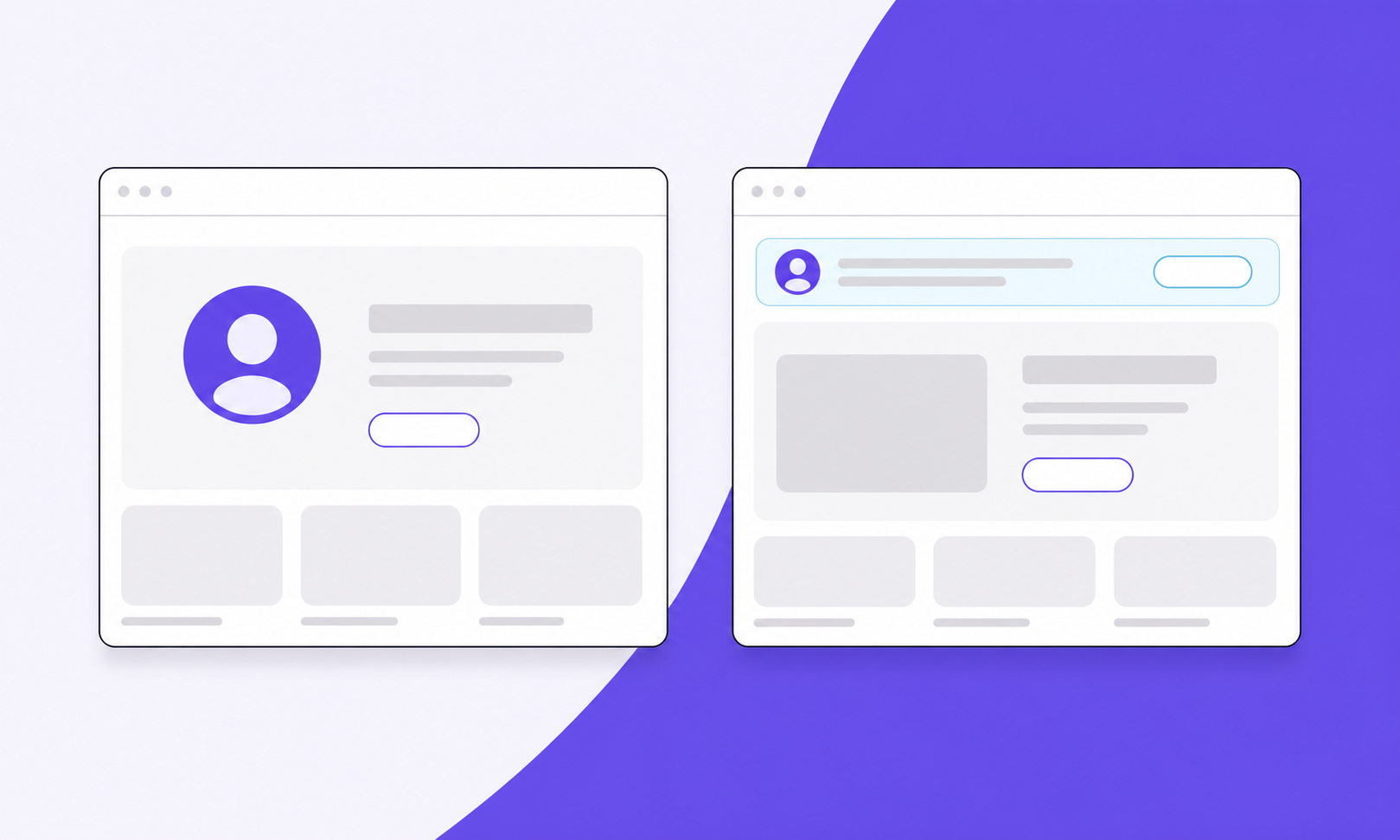 Create a clean conceptual editorial vector illustration comparing two ways to show referral identity on an existing landing page. Wide horizontal composition with two equally sized abstract browser cards side by side. Left card: a violet circular person avatar embedded within the central hero content area, alongside blank geometric content blocks and an empty rounded action button. Right card: the same underlying neutral page layout, with the matching violet avatar inside a distinct slim teal-tinted horizontal banner across the top of the page content, below the browser chrome. Show the difference between personalization inside page elements and personalization in an added banner through placement alone. Off-white background, dark navy outlines, restrained violet and teal accents, crisp alignment, subtle shadows and generous whitespace. This is an abstract explanatory diagram, not a real product interface or vendor screenshot. No performance charts or implied conversion results. Absolutely no text, words, letters, numbers, labels, logos, watermarks or typography anywhere; all interface surfaces use blank geometric shapes only.