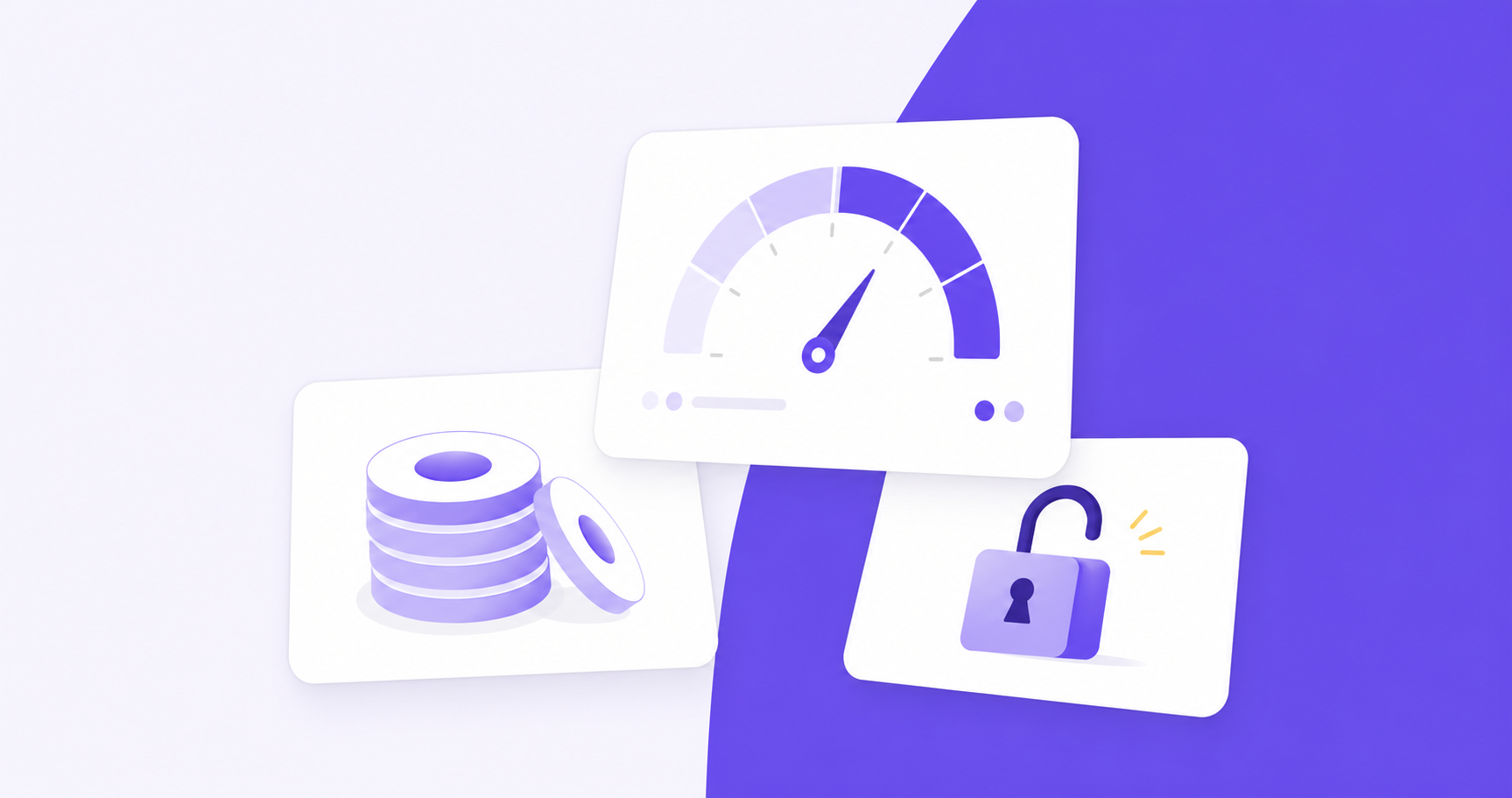 Clean, minimal abstract illustration on a light off-white background with soft gradient compositions in the blue violet family, anchored on #704EF1 with lighter lavender and deeper indigo tints. Three rounded floating cards arranged in a balanced triangular composition, styled like modern SaaS product UI elements: one card shows a simple gauge meter filling up (API quota), one shows a neat stack of round credit tokens, and one shows an opening padlock (feature unlock). Flat vector style with subtle soft shadows, crisp geometry, operator-grade product aesthetic. Absolutely no green anywhere. No text, no labels, no letters, no people, no money or coins raining.