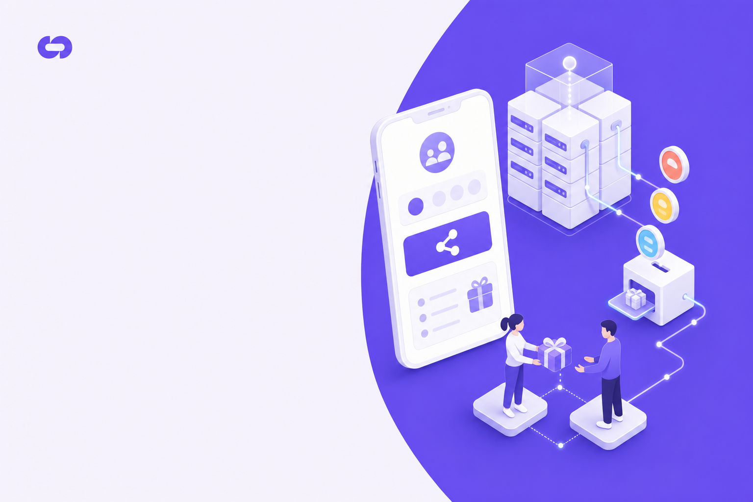 Modern minimalist illustration showing interconnected B2B SaaS referral program mechanics: a smartphone screen with a share button interface, server racks representing backend attribution, automated payment flows with currency symbols, and two people exchanging rewards depicted as gift boxes. Clean geometric shapes, professional blue and purple gradient color scheme, isometric perspective, tech startup aesthetic, no text or letters.