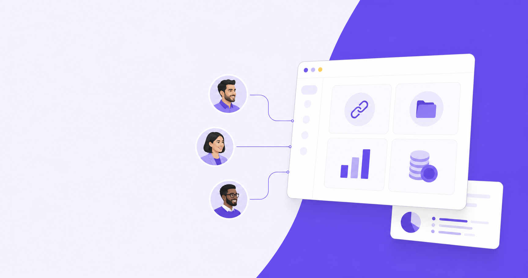 Create a text-free editorial illustration explaining a self-service partner portal for a B2B SaaS blog. Show a central abstract browser panel with four distinct icon-based modules: a chain-link icon for referral links, a folder icon for resources, a simple unlabelled bar chart for performance reports and a coin-stack icon for commission information. Connect three professional participant avatar circles to this central panel with clean thin lines, conveying direct self-service access rather than emailing an administrator. Use restrained flat vector design, rounded geometric forms, deep violet and muted lavender accents on an off-white background, generous whitespace and a wide landscape composition. This is a conceptual illustration, not a real product screenshot. No text, words, letters, numbers, labels, logos, watermarks or currency glyphs anywhere.