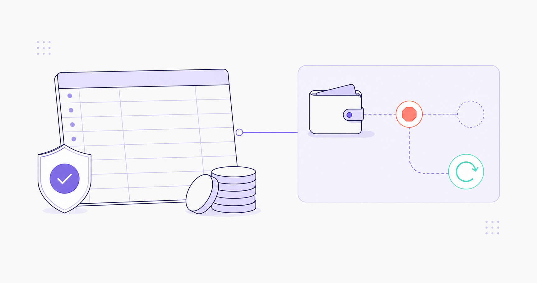 Create a clean editorial vector illustration for the section 'Define commission rules before sending money' in a B2B SaaS referral payout guide. Show earned commission records kept separate from payment attempts: on the left an orderly ledger with blank rows, a shield and a small stack of blank coins remaining intact; on the right a separate payment-processing path with a wallet, a blocked transfer represented by a stop icon and a curved retry arrow. A thin connector links the two areas but the failure stays confined to the payment side, conveying that a failed transfer does not erase earned balances. Wide horizontal composition, off-white background, restrained violet, dark navy and mint palette with a small muted coral failure accent, crisp geometry, consistent thin strokes and generous negative space. Entirely pictorial: no text, words, letters, numbers, labels, captions, logos, watermarks or currency symbols. Do not depict a product interface or imply automatic payment success.