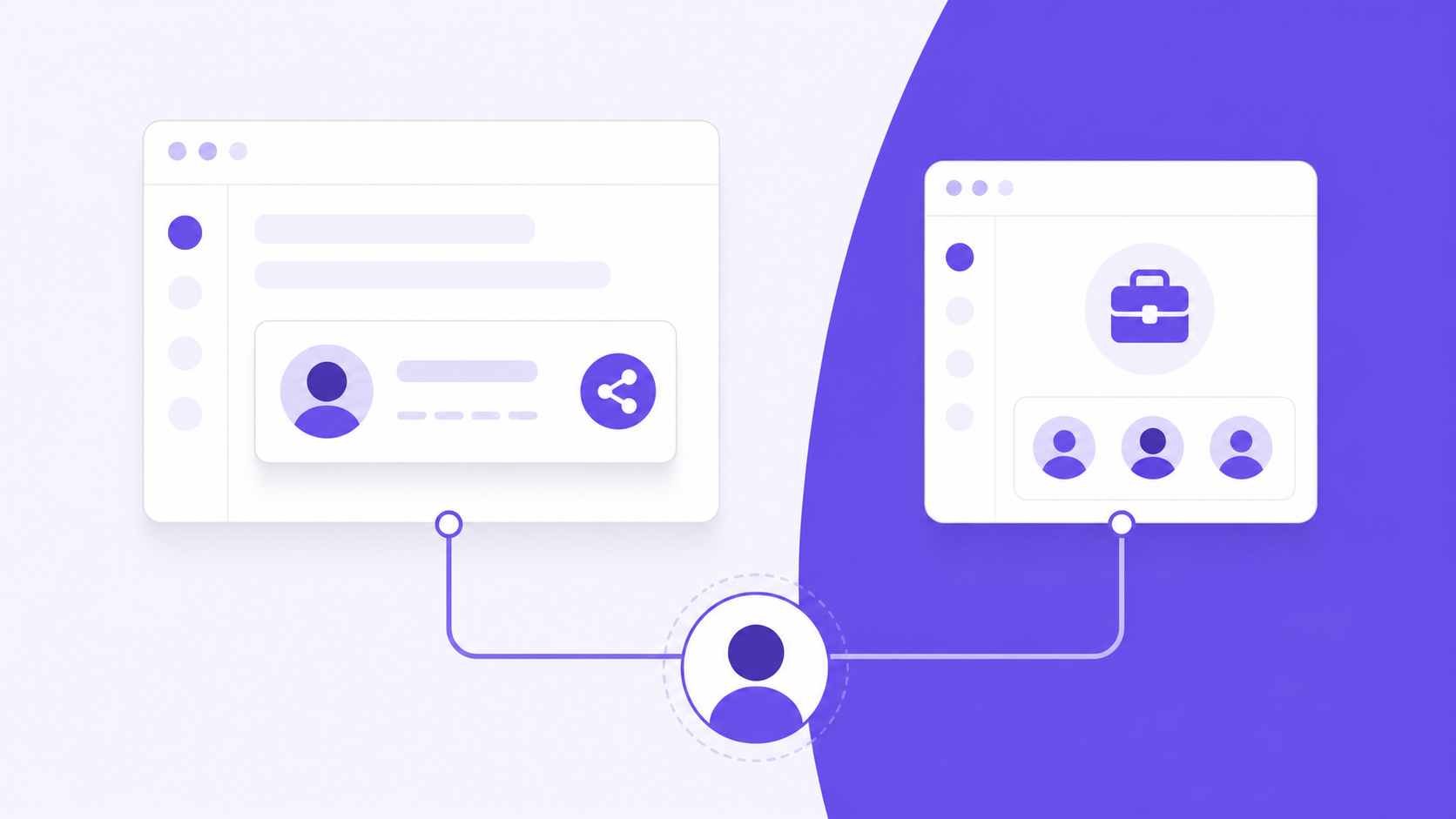 Create a text-free conceptual editorial illustration for the blog section about Cello pairing embedded user referrals with a standalone partner portal. Wide landscape composition with two equally weighted visual paths: on the left, an abstract application window containing a clearly inset referral card with a share icon and a user avatar; on the right, a separate smaller portal window with a briefcase icon and partner avatars. Both paths connect through simple clean lines to a new customer avatar below, conveying complementary referral channels, not a hierarchy or multi-tier recruitment. Use restrained flat vector geometry, rounded corners, deep violet and muted lavender on an off-white background, generous whitespace and professional B2B SaaS styling. This is a conceptual diagram, not an actual product screenshot. Use only icons and shapes. No text, words, letters, numbers, labels, logos, watermarks or currency glyphs anywhere.